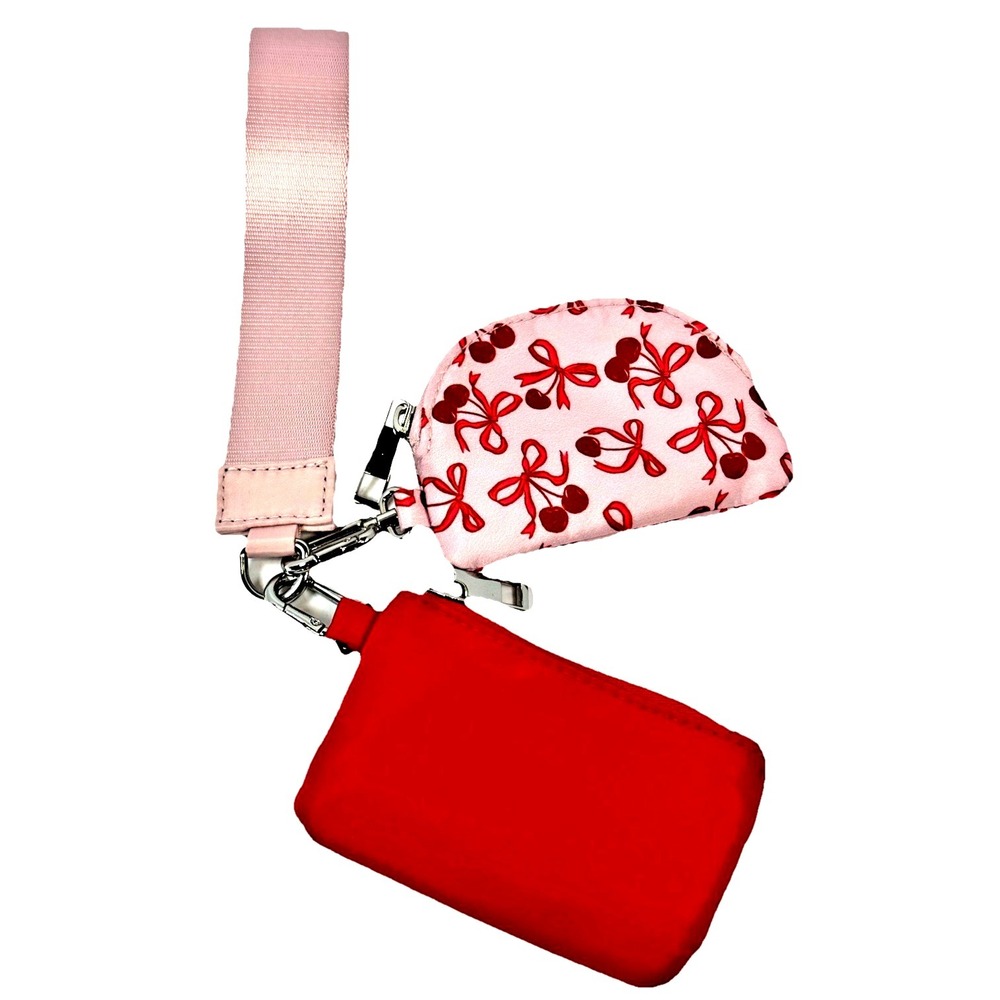 Cherry Bow Wristlet Pouch Set Pink Coquette Aesthetic Keychain‎ Strap NWT